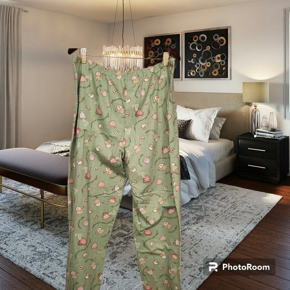 Women's Bass Pajama Set LS Coffee Theme Green Size Large Preowned - Picture 6 of 8